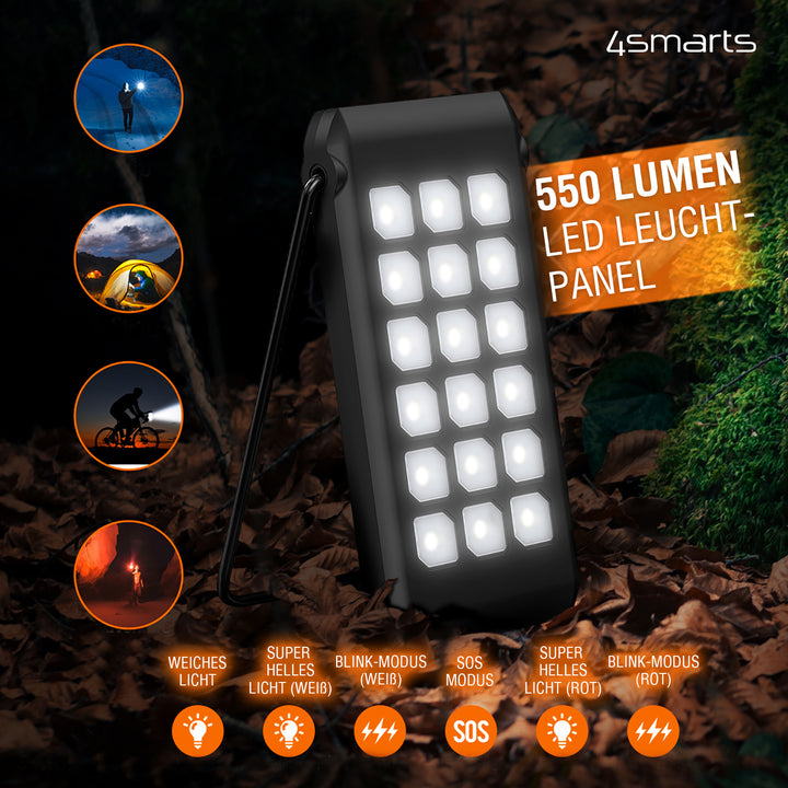 Die 4smarts Solar Powerbank TitanPack Flex mit einer Kapazität von 10.000 mAh ist außerdem mit einer LED-Lampe mit 550 Lumen ausgestattet.
