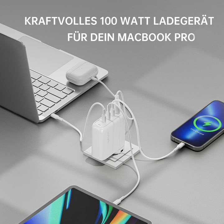 Mit dem 4smarts GaN Flex Pro Ladegerät mit 100W kannst du dein MacBook und andere Geräte parallel laden.