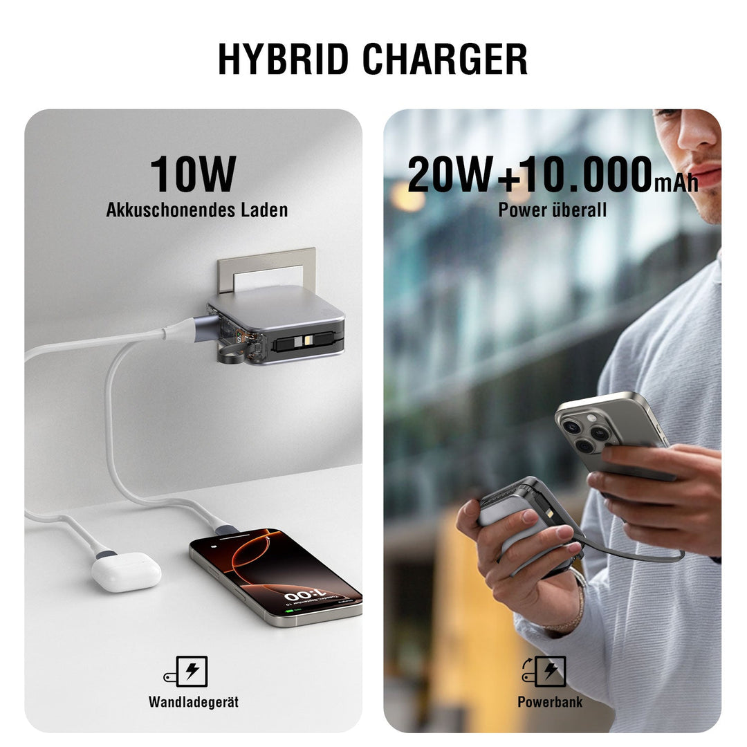 Der 4smarts 3in1 Hybrid Charger Lucid, Powerbank mit integrierten Kabeln, silber ermöglicht akku schonendes Laden und vereint die Funktionen eines Wandladegeräts und einer Powerbank für maximale Flexibilität.