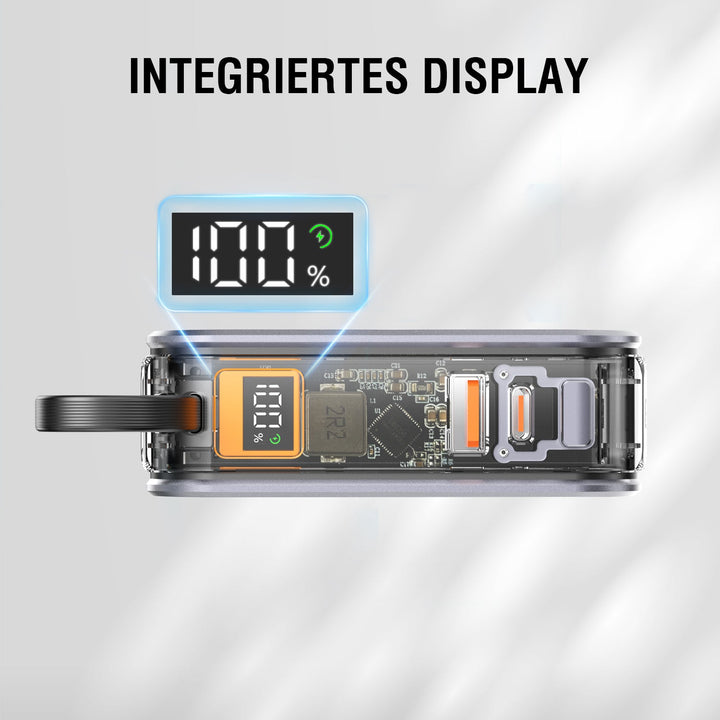 Das integrierte Display des 4smarts 3in1 Hybrid Charger Lucid, Powerbank mit integrierten Kabeln, silber zeigt den aktuellen Akkustatus der Powerbank an, sodass du sicher sein kannst, dass deine Geräte jederzeit geladen werden.