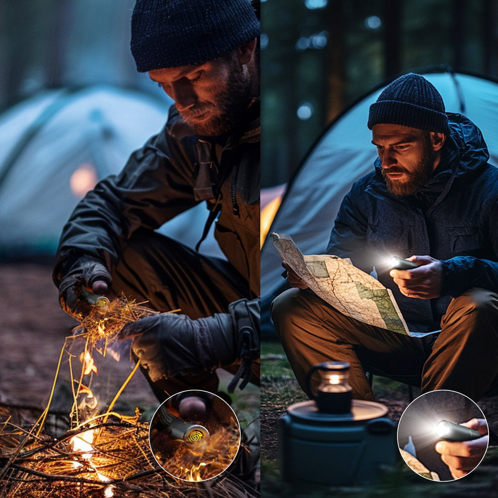 Camping-Szene, in der eine Person das 4smarts 3-in-1 USB-C Explorer Kabel für Outdoor-Survival verwendet und die Anzünder- und Taschenlampenfunktionen nutzt.