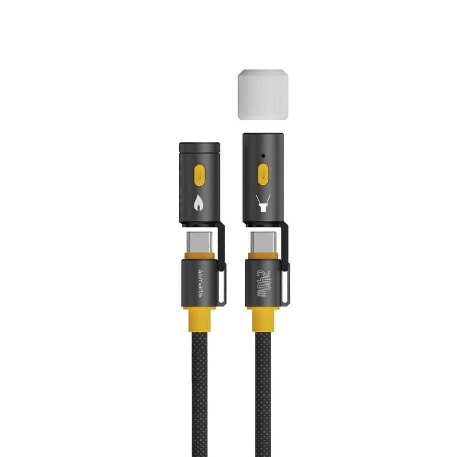 4smarts Explorer Kabel: 3-in-1 Outdoor Lade- und Datenkabel mit 240W Leistung, schnellem Anzünder und leistungsstarker LED-Taschenlampe, ideal für den Außeneinsatz.