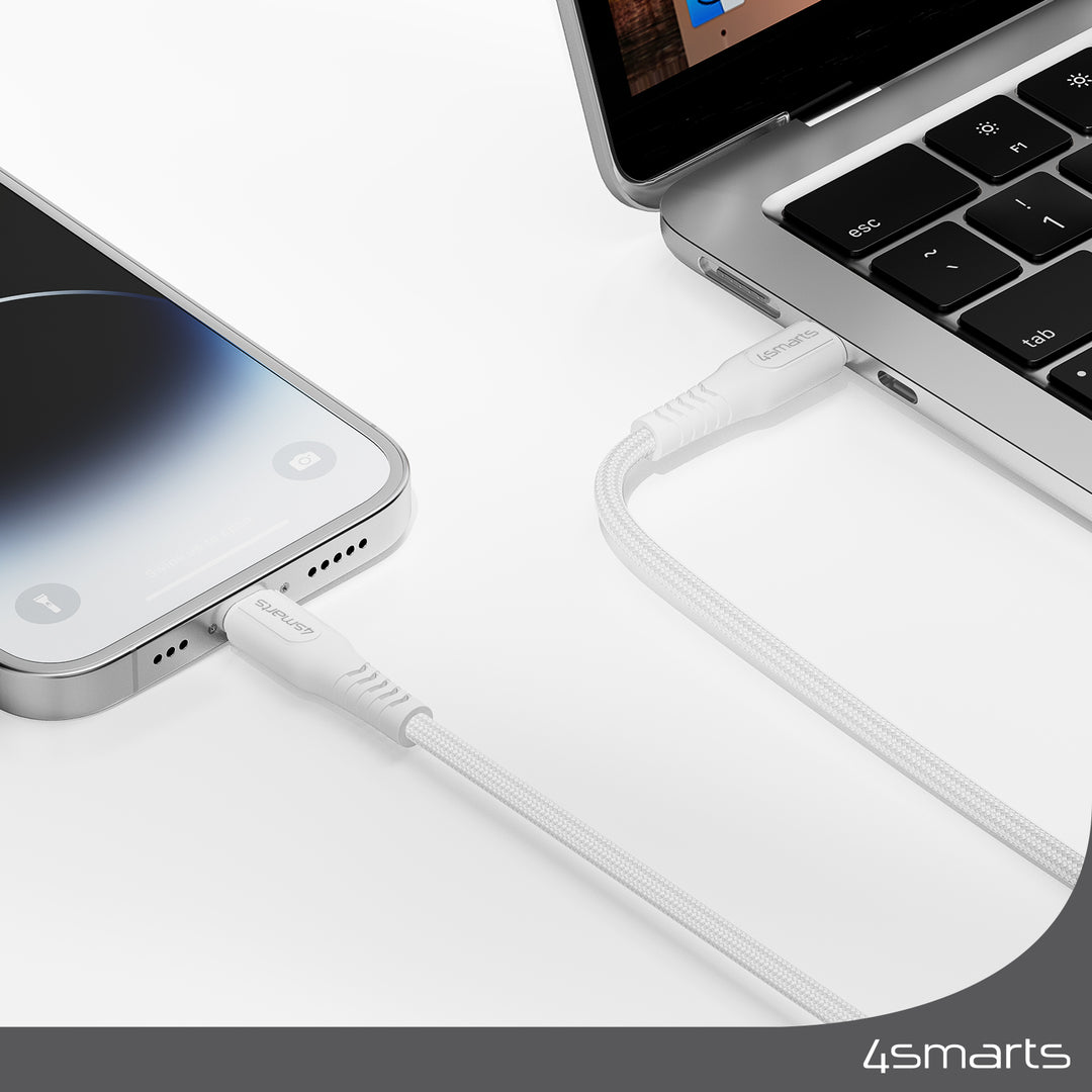 Das 4smarts USB-C auf Lightning Kabel RapidCord bietet schnelles Laden mit 30W Power Delivery und reibungslose Datenübertragung zwischen deinem Apple Gerät und deinem Laptop.