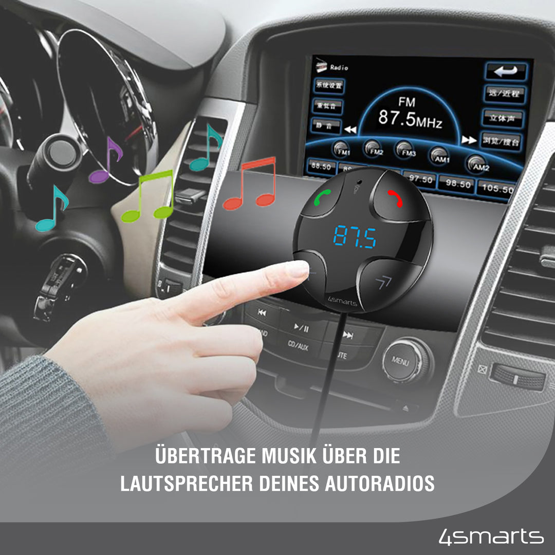 Mit dem 4smarts Bluetooth FM Transmitter DashRemote kannst du Musik über die Lautsprecher deines Autoradios streamen.