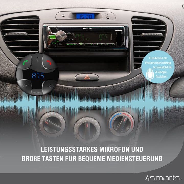 Das leistungsstarke Mikrofon und die großen Tasten sorgen für eine komfortable Bedienung des 4smarts Bluetooth FM Transmitter DashRemote.