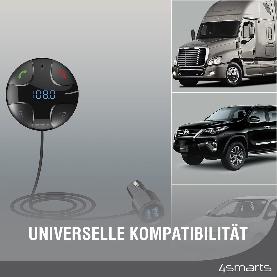 Der 4smarts DashRemote Bluetooth FM Transmitter ist universell kompatibel und der ideale Begleiter für alle Fahrzeuge mit 12-24V Anschluss.