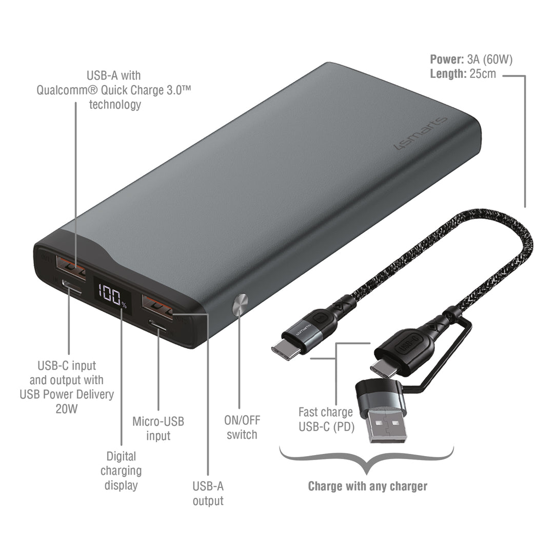 Die 4smarts Powerbank VoltHub Pro mit 10000mAh und 22,5W bietet USB-C, USB-A und Micro USB Anschlussmöglichkeiten.