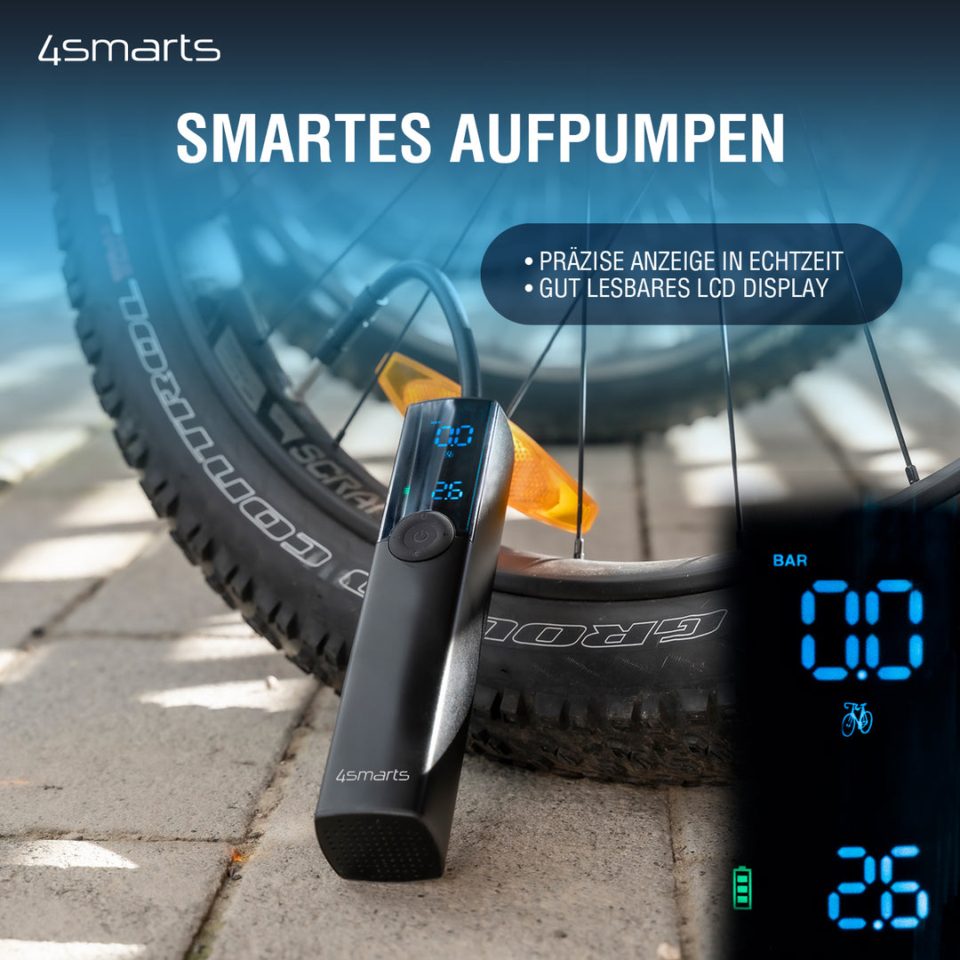 Die 4smarts elektrische Mini-Luftpumpe VoltPump, universal zeigt dir den Druck mit dem du aufpumpst in Echtzeit an.