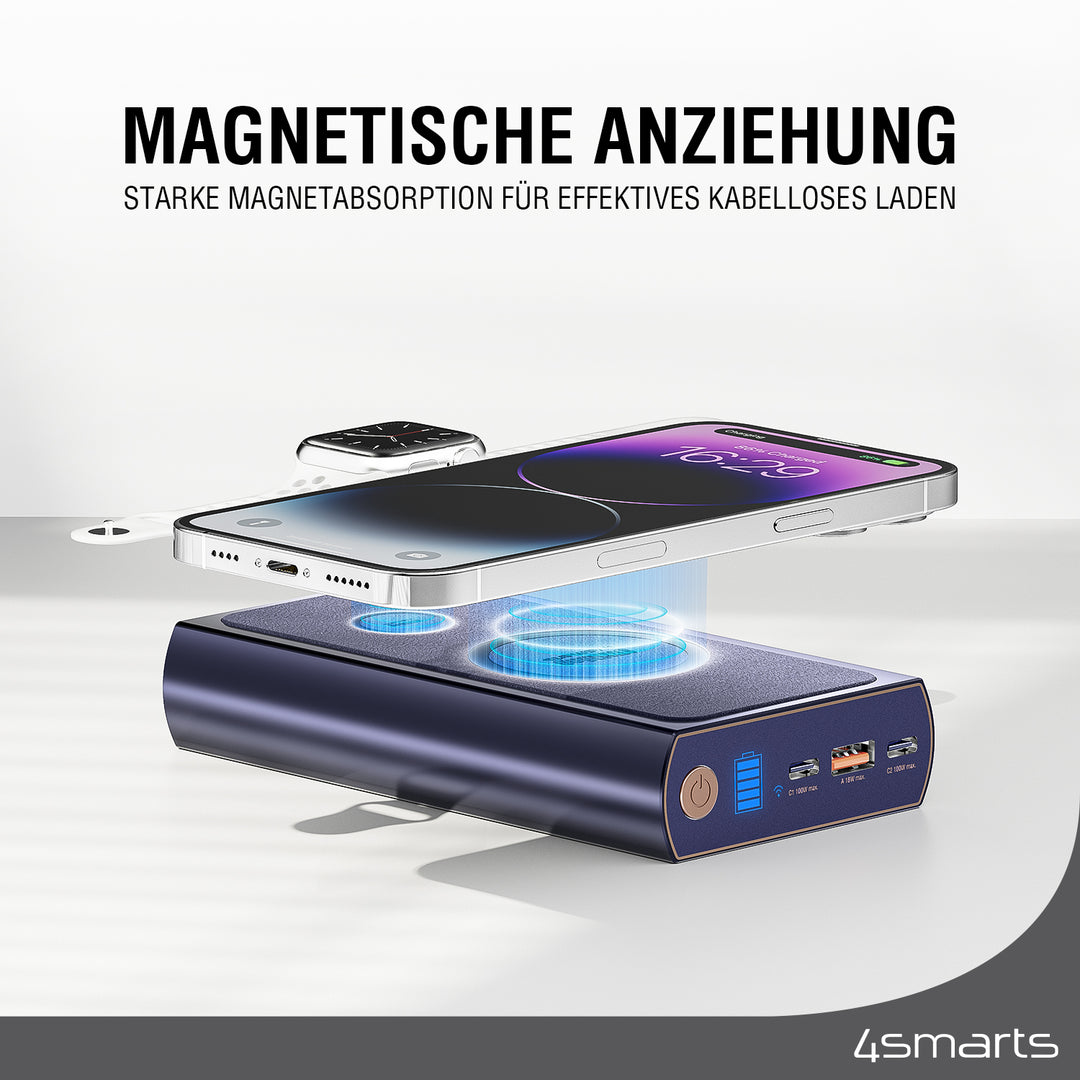 Die 4smarts Powerbank Graphene Pro UltiMag 24000mAh 240W, hat starke Magnete verbaut um beim kabelosen Laden für festen Halt deines Handys und Zubehör auf der Ladefläche zu sorgen.