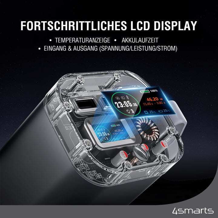Die 4smarts Powerbank Lucid Ultra mit 40.000 mAh bietet ein fortschrittenes integriertes LCD Display.