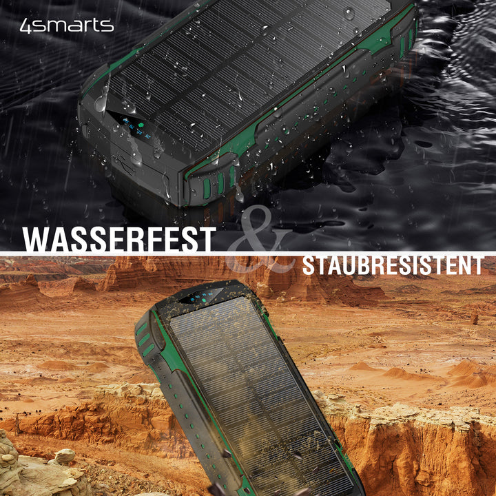 Die 4smarts Solar Powerbank Rugged TitanPack UltiMag 20000mAh ist Schmutz- Wasserresistent und ist damit der optimale Begleiter auf deinen Wanderungen oder Campingausflügen.