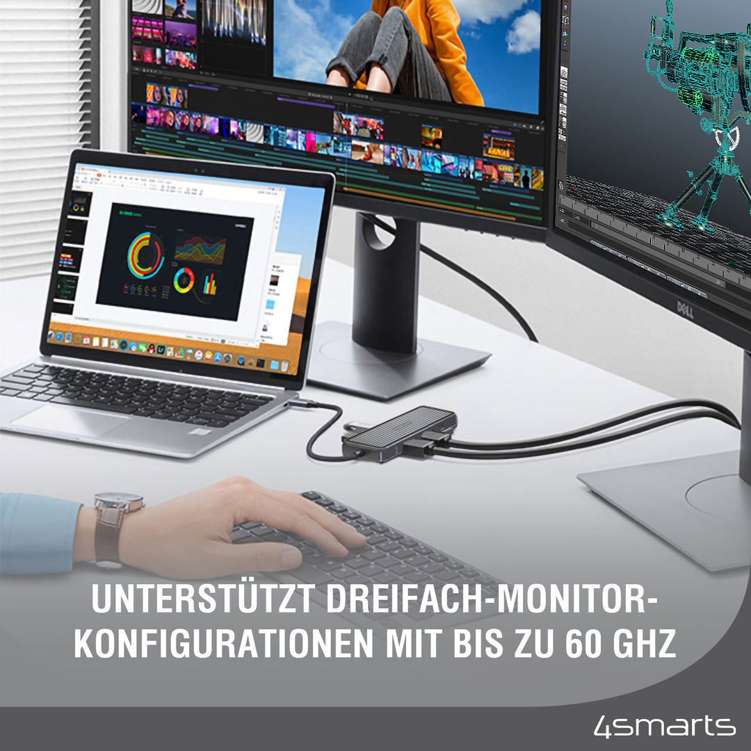 Die 4smarts 11in1 USB-C Docking Station SmartDock unterstützt dreifach Monitor Konfigurationen mit bis zu 60Hz.