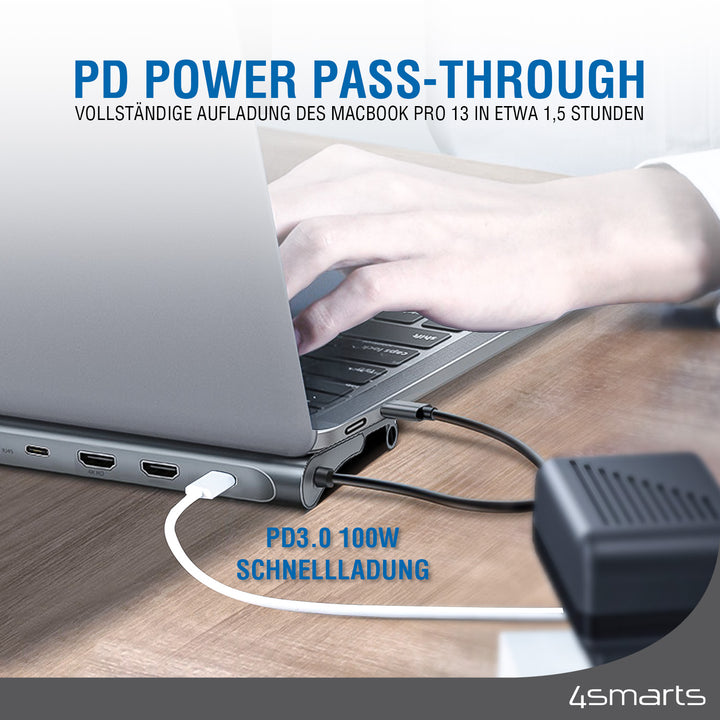 Der 4smarts USB-C MultiScreen 11in1 Hub mit 3.0 Power Delivery sorgt für schnelles Laden mit bis zu 100W.