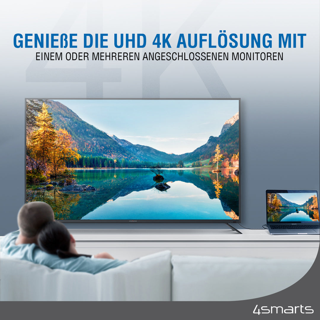 Mit dem 4smarts USB-C MultiScreen 11in1 Hub kann die 4K-Auflösung auf einem oder mehreren Bildschirmen genossen werden.
