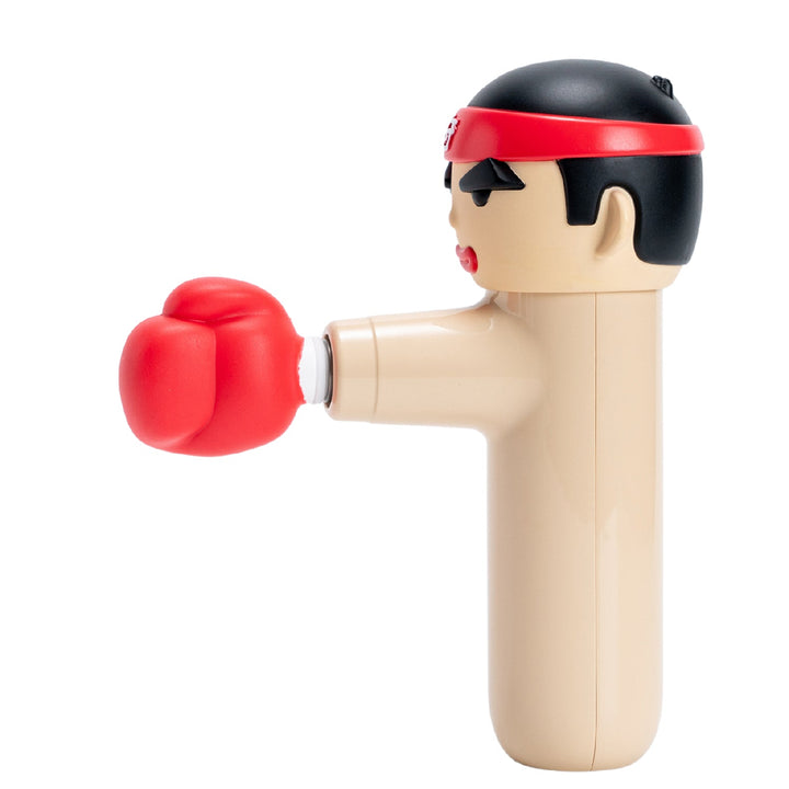 Seitliche Ansicht des ACECOOL Handmassagegeräts KungFu Boxer in beige, mit rotem Boxhandschuh-Aufsatz und charakteristischem Cartoon-Design.