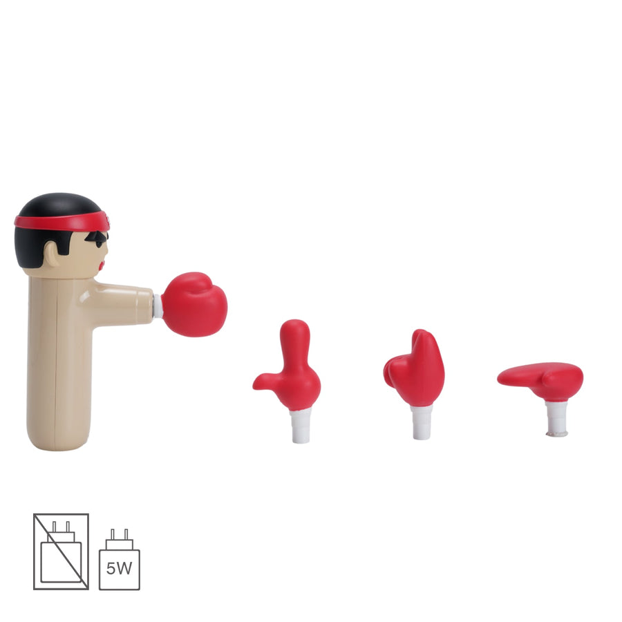 ACECOOL Handmassagegerät KungFu Boxer in beige mit drei zusätzlichen Massageaufsätzen in Boxhandschuh-Design, USB-Ladehinweis 5W sichtbar.