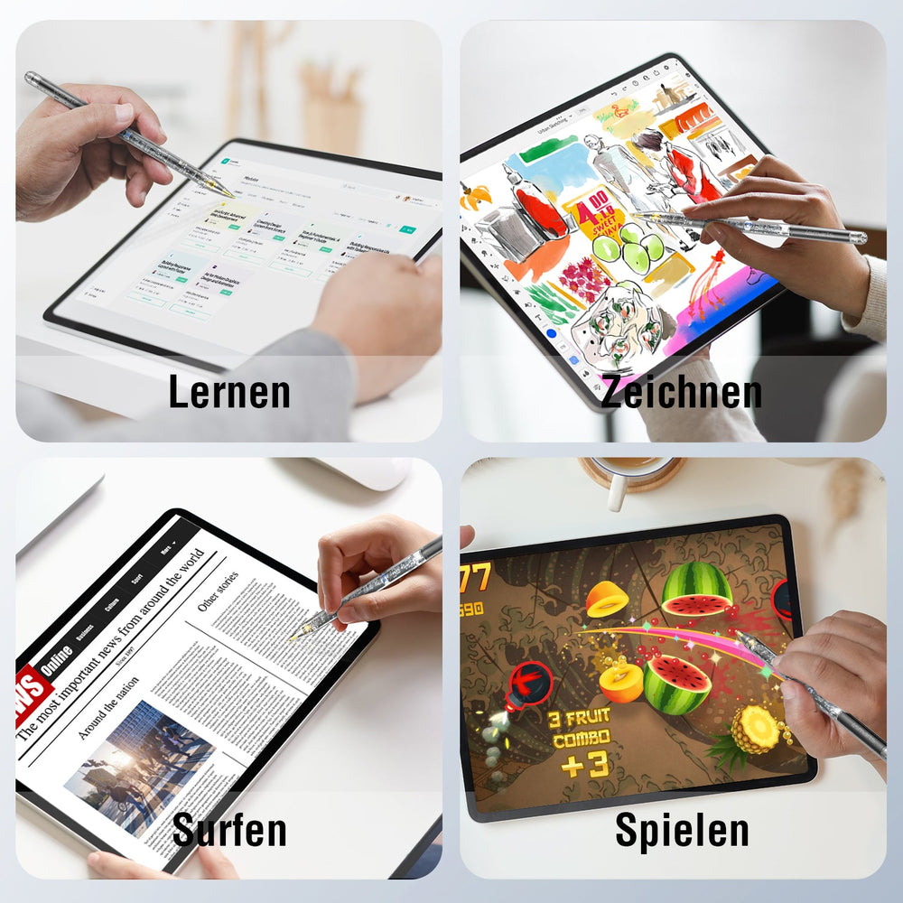 Vielfältige Einsatzmöglichkeiten des Pencil Pro Lucid Stifts: Lernen, Zeichnen, Surfen und Spielen, dargestellt auf einem Tablet.