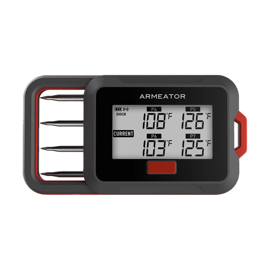 ARMEATOR D4 smartes kabelloses Fleischthermometer mit digitalem Display, zeigt vier Temperaturwerte in Fahrenheit an, inklusive Dockingstation und vier Messsonden.