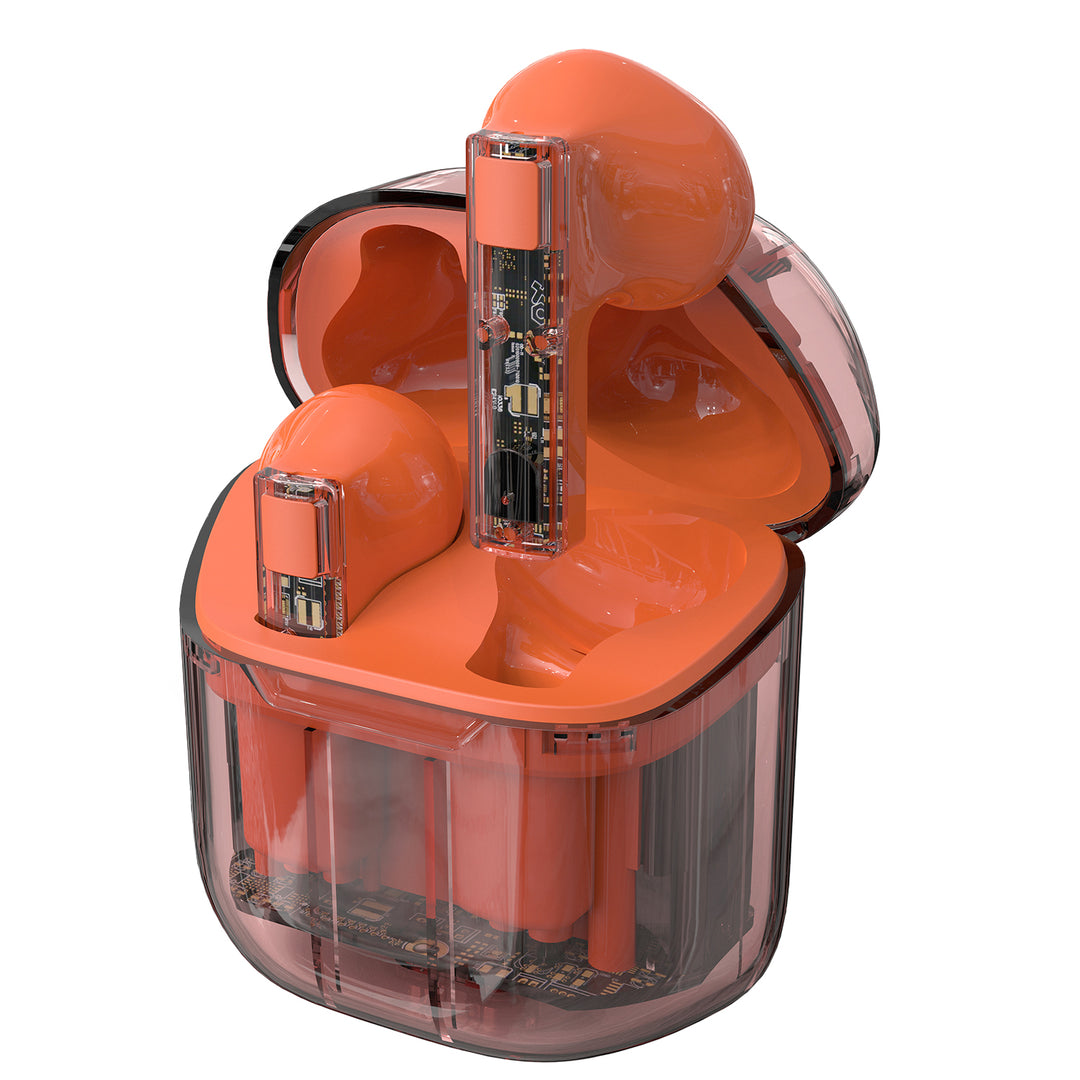 Die TWS-Bluetooth-Kopfhörer SkyBuds Lucid sind in einem schönen Orange gehalten.