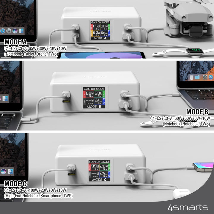 4smarts Desk Charger GaN DIY MODE 130W, weiß, in drei verschiedenen Modus-Einstellungen für gleichzeitiges Laden mehrerer Geräte.