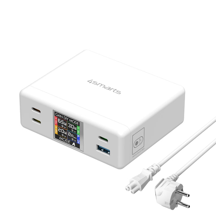 4smarts Desk Charger GaN DIY MODE 130W, weiß, mit Kabel und EU-Stecker, zeigt die Vorderansicht des Ladegeräts mit seinen Anschlüssen.