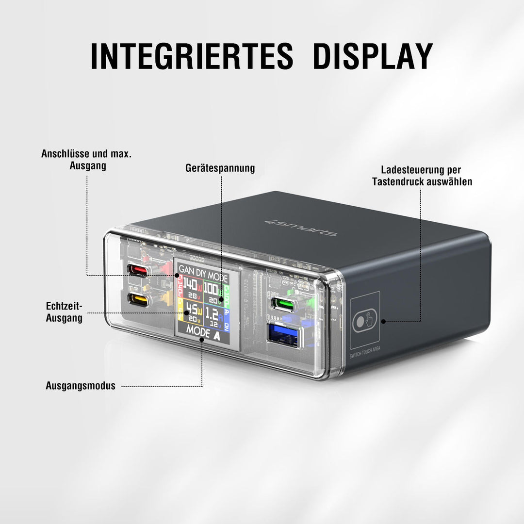 Desk Charger Lucid GaN DIY MODE 300W spacegrau mit integriertem Display zur Anzeige von Ladeparametern.