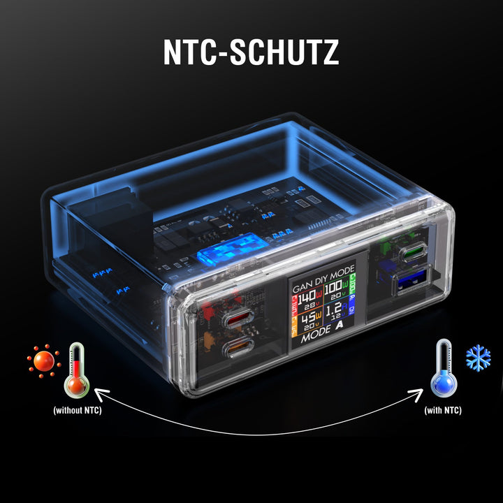 Desk Charger Lucid GaN DIY MODE 300W spacegrau mit NTC-Schutz zur sicheren Temperaturkontrolle.