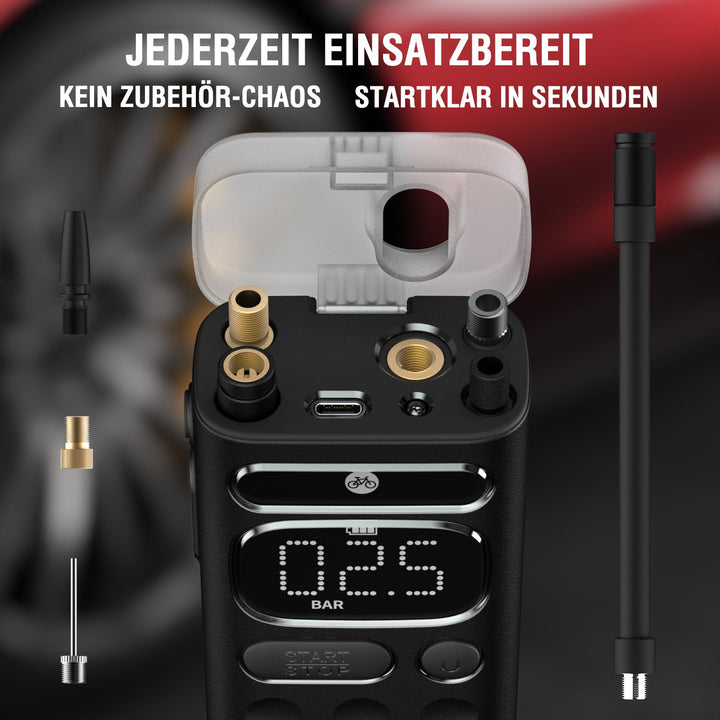 VoltPump X mit integriertem Zubehörfach – Adapter, Nadeln und Aufsätze sind jederzeit griffbereit für schnelles Aufpumpen ohne Zubehör-Chaos.