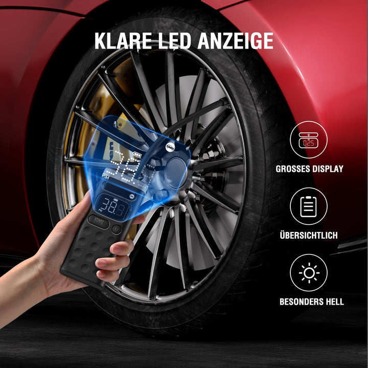 VoltPump X mit klarer LED-Anzeige – großes, besonders helles Display für eine übersichtliche Druckkontrolle beim Aufpumpen von Reifen.