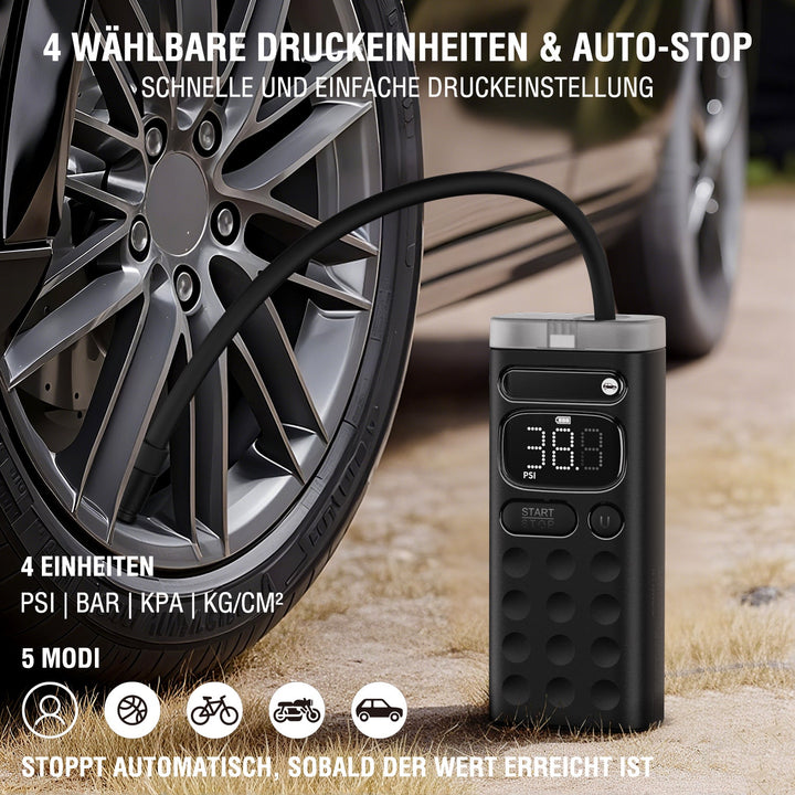 Vielseitige elektrische Luftpumpe VoltPump X mit bis zu 150 PSI Druck, geeignet für Fahrräder, Motorräder, Autos, Bälle und weitere Anwendungen.