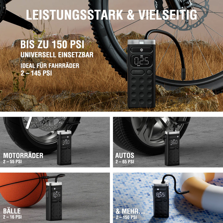 Vielseitige elektrische Luftpumpe VoltPump X mit bis zu 150 PSI Druck, geeignet für Fahrräder, Motorräder, Autos, Bälle und weitere Anwendungen.