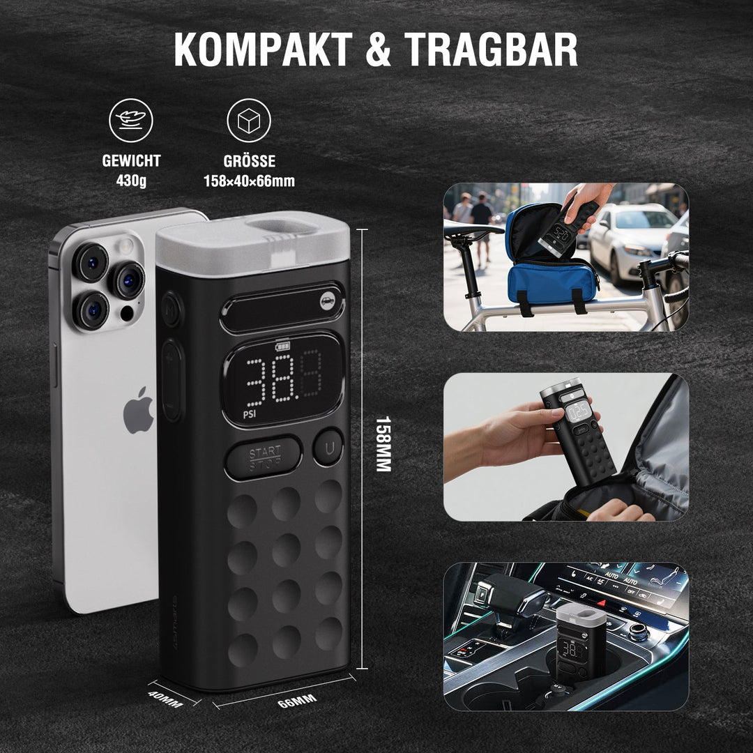 Kompakte elektrische Luftpumpe VoltPump X, 158x40x66 mm groß, 430 g leicht – ideal für unterwegs im Auto, Rucksack oder Fahrradtasche.
