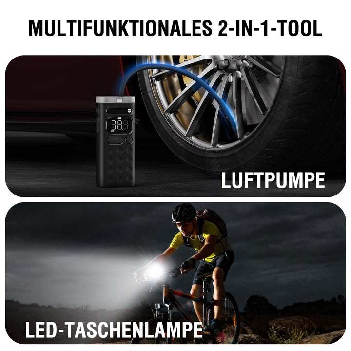 VoltPump X als multifunktionales 2-in-1-Tool: leistungsstarke Luftpumpe für Reifen sowie integrierte LED-Taschenlampe für den Außeneinsatz.