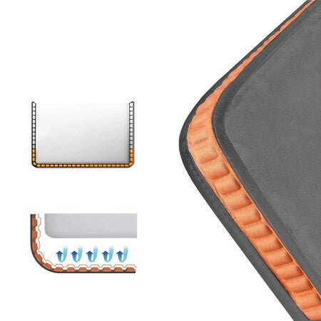 Laptop AirCushion Slim Sleeve 14 Zoll grau (D541071) Bild 8: Nahaufnahme einer Ecke der Laptop AirCushion Slim Sleeve, die den speziellen Schutz durch das AirCushion-System hervorhebt. Ein kleines Diagramm zeigt, wie die Luftpolsterung Stöße absorbiert und den Laptop schützt.