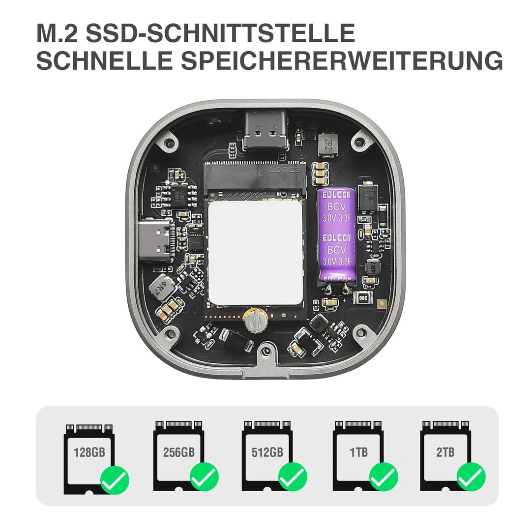 Ein offenes 4smarts Magnetisches SSD-Gehäuse Kickstand MagSafe-kompatibel grau mit der Sicht auf die M.2 SSD-Schnittstelle und die internen Komponenten. Der Text "M.2 SSD-Schnittstelle Schnelle Speichererweiterung" beschreibt die Funktion. Darunter sind verschiedene Speichergrößen (128GB, 256GB, 512GB, 1TB, 2TB) als kompatibel markiert.