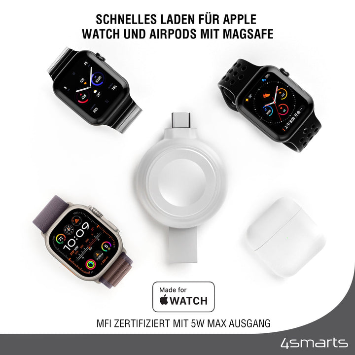 Der 4smarts MFi Fast Charger für Apple Watch silber, umgeben von verschiedenen Apple Watches und AirPods, zeigt die MFi-Zertifizierung und 5W maximale Ausgangsleistung.