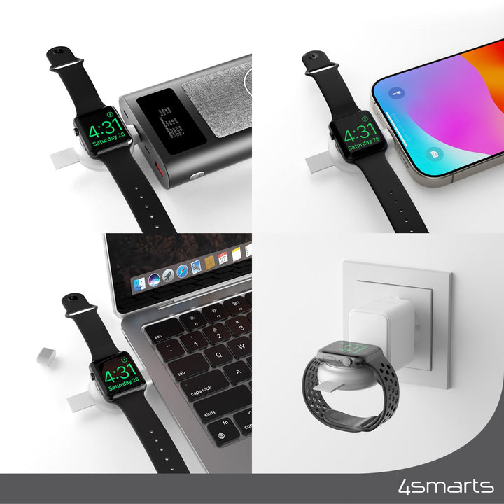 Verschiedene Nutzungsmöglichkeiten des 4smarts MFi Fast Charger für Apple Watch silber, angeschlossen an eine Powerbank, einen Laptop und an einer Wandsteckdose.