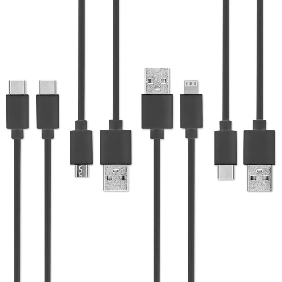 Die 4smarts Ladestation Family Evo 63W mit Qi Wireless Charger wird inklusive 2 USB-A auf Lightning Kabel, 1 USB-A auf Micro-USB Kabel, 1 USB-A auf USB-C Kabel und 1 USB-C auf USB-C Kabel geliefert.
