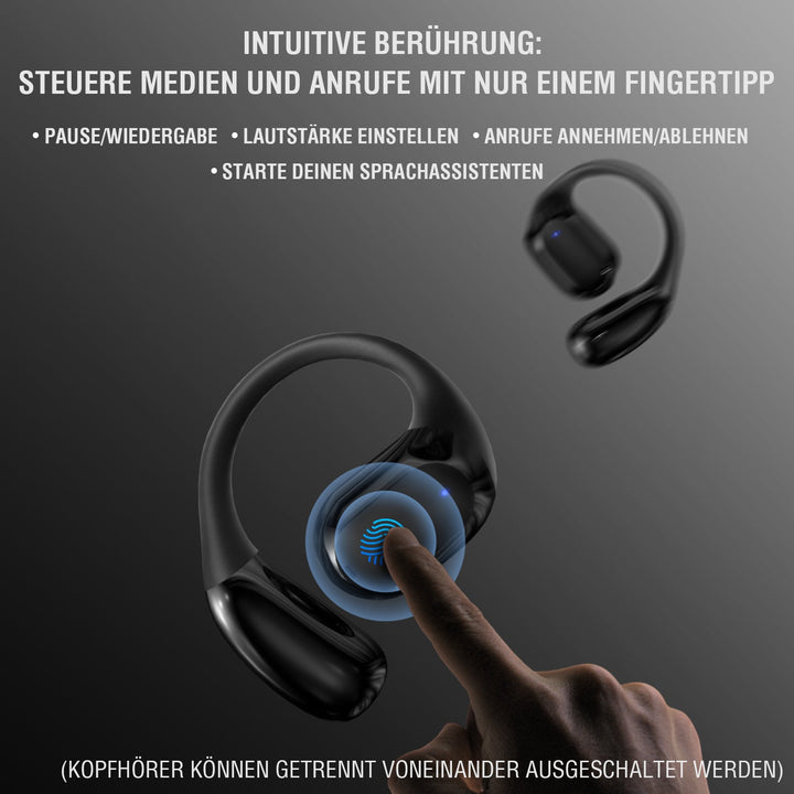 Eine Hand berührt einen der 4smarts OWS Bluetooth Kopfhörer SkyBuds Sport, um die Medienwiedergabe, Lautstärke und Anrufe intuitiv zu steuern. Die Kopfhörer können auch getrennt voneinander ausgeschaltet werden.