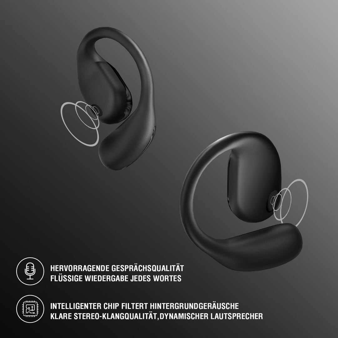 Zwei 4smarts OWS Bluetooth Kopfhörer SkyBuds Sport schweben vor einem dunklen Hintergrund. Die Kopfhörer bieten hervorragende Gesprächsqualität und eine klare Stereo-Klangqualität durch einen intelligenten Chip, der Hintergrundgeräusche filtert.