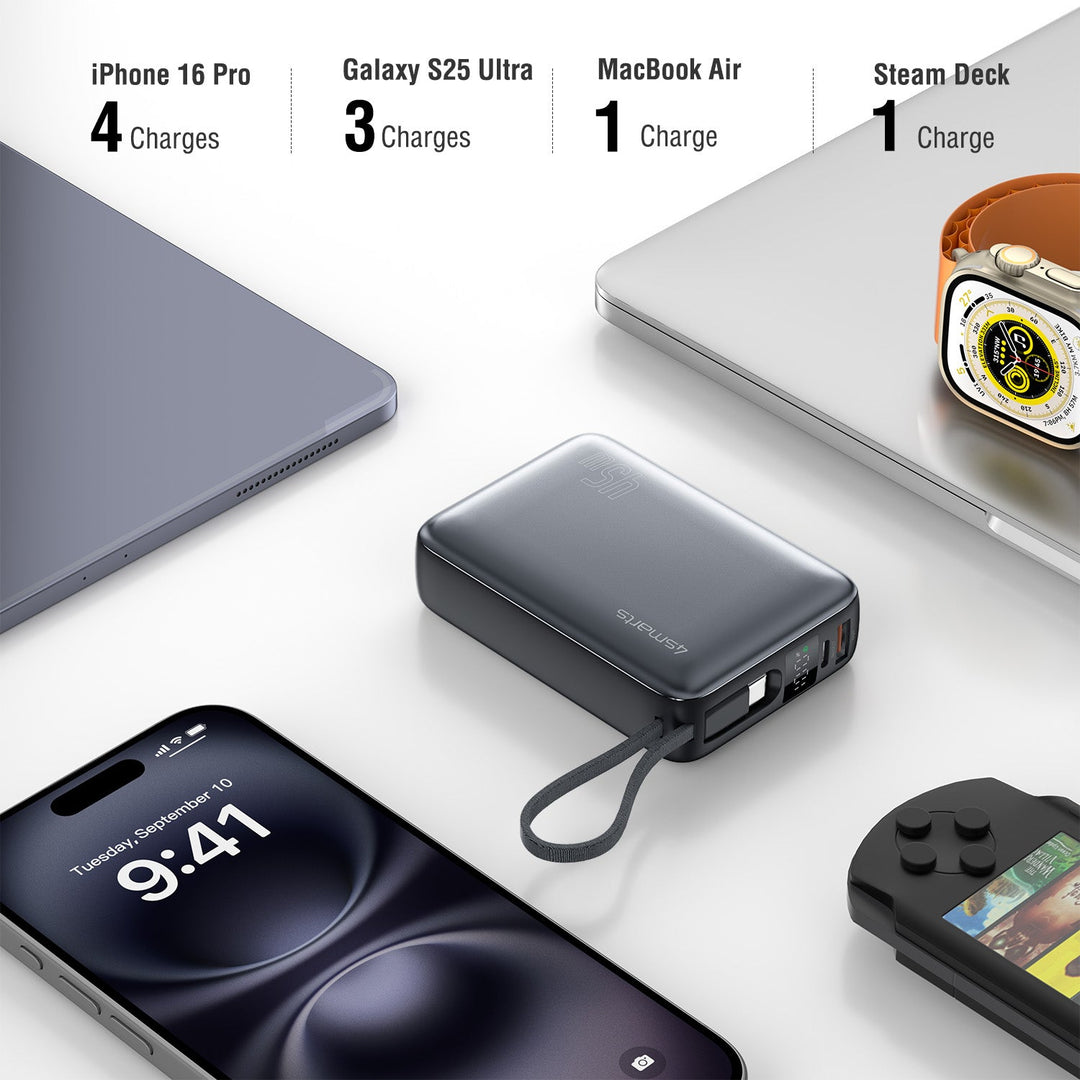 Übersicht zur Kapazität: bis zu 4× iPhone 16 Pro, 3× Galaxy S25 Ultra, 1× MacBook Air oder Steam Deck.