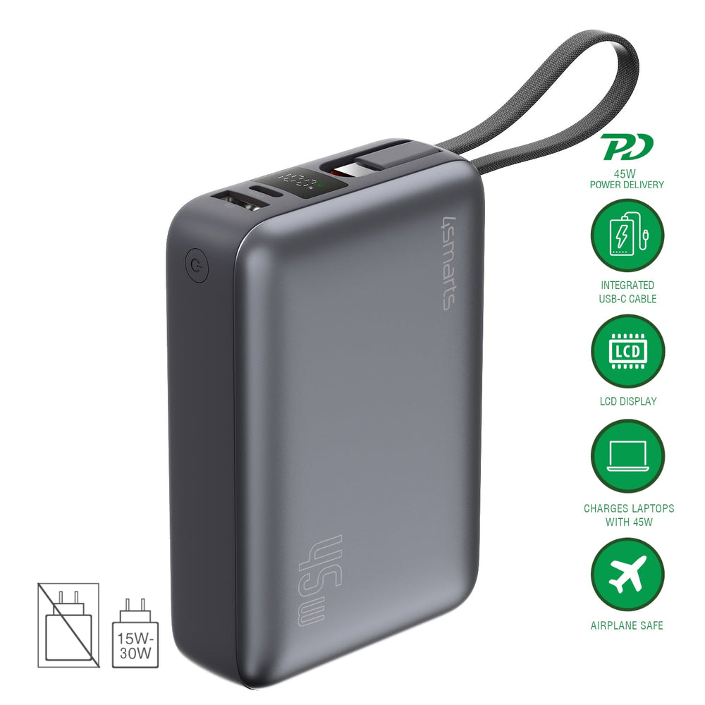 Produktbild mit Icons: Powerbank mit 45W Power Delivery, integriertem Kabel, LCD-Anzeige und Flugzeug-Symbol.