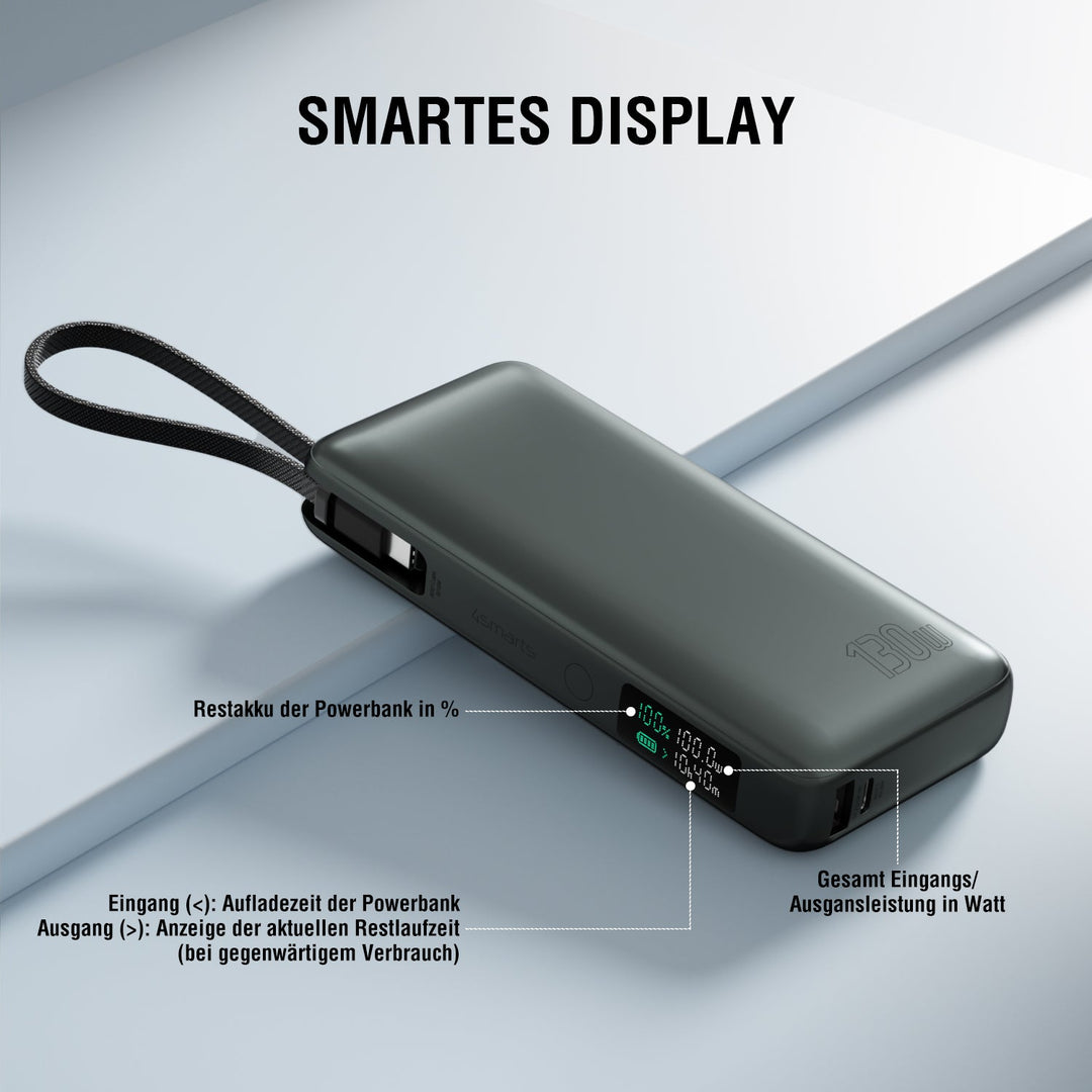 powerbank-enterprise-mit-integriertem-usb-c-kabel-20000mah-130w-spacegrau-D541076 - Smartes Display der Powerbank, das Informationen wie Restakku, Eingang/Ausgang und verbleibende Nutzungsdauer anzeigt.