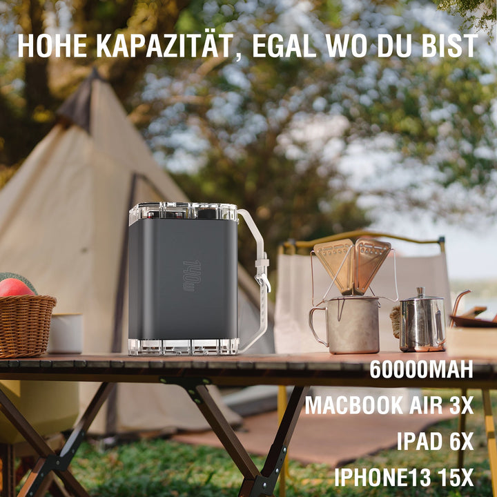 Powerbank Lucid Maxx 60000mAh grau Bild 2: Die Powerbank Lucid Maxx 60000mAh wird in einer Outdoor-Umgebung gezeigt, neben einem Zelt und Campingausrüstung. Der Text "HOHE KAPAZITÄT, EGAL WO DU BIST" hebt die Leistungsfähigkeit der Powerbank hervor. Weitere Informationen im Bild: Die Powerbank kann ein MacBook Air dreimal, ein iPad sechsmal und ein iPhone 13 fünfzehnmal aufladen.