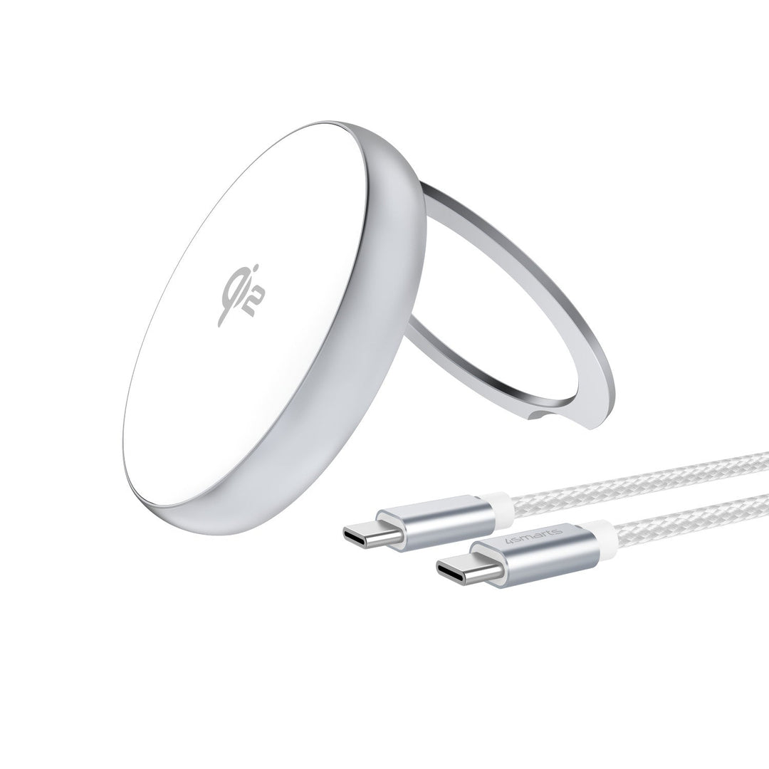 Der 4smarts Qi2 Charger Kickstand Silber / Weiß mit einem USB-C-Kabel