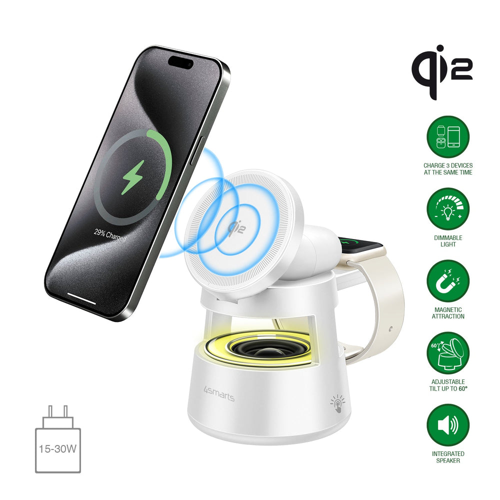 Qi2 Charging Station Aura Sound in Weiß, lädt kabellos Smartphone und Smartwatch gleichzeitig, Funktionen: dimmbares Licht, Magnet-Halterung, Lautsprecher.