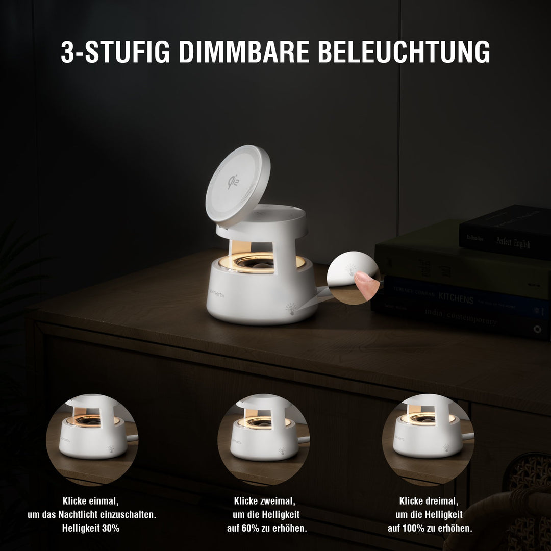 Qi2 Aura Sound weiße Ladestation mit dreistufig dimmbarer LED-Beleuchtung, ideal als Nachttischlampe und Ladegerät in einem.