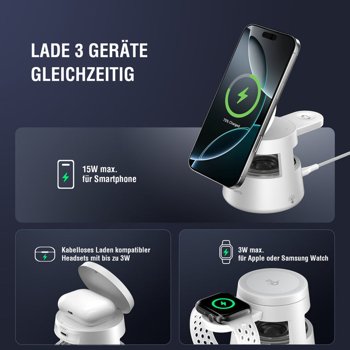 Qi2 Aura Sound weiße 3-in-1-Ladestation lädt gleichzeitig Smartphone mit bis zu 15W, TWS-Headsets mit 3W und Apple- oder Samsung-Watch mit 3W.