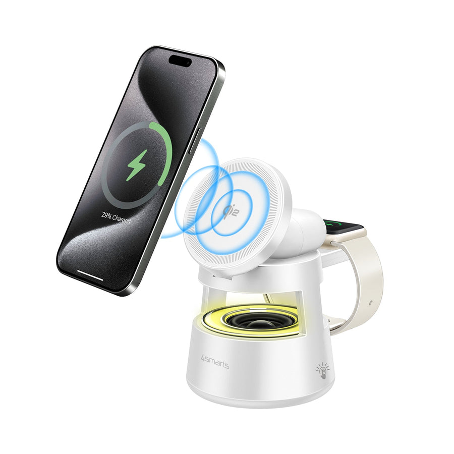 Qi2 Aura Sound weiße Ladestation von 4smarts, lädt ein Smartphone kabellos über Qi2-Technologie, gleichzeitig kompatibel mit Apple Watch.