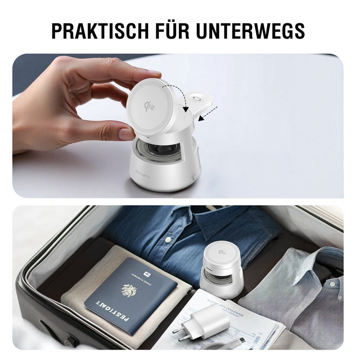 Qi2 Charging Station Aura Sound in Weiß, kompakte Ladestation für unterwegs, gezeigt beim Einpacken in einen Koffer mit Reisepass und Ladeadapter.